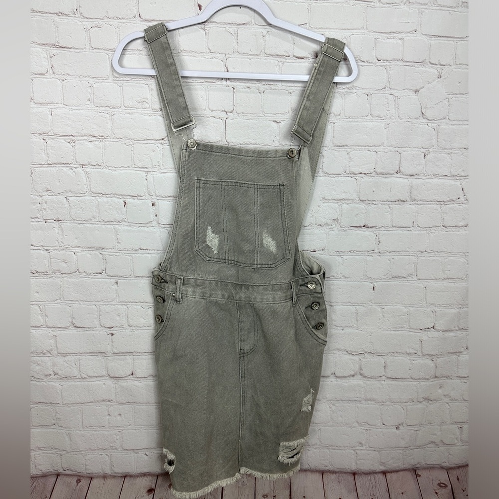 New POL Womens gray distressed denim bib overall skirt dress sz S grunge 90s Y2K